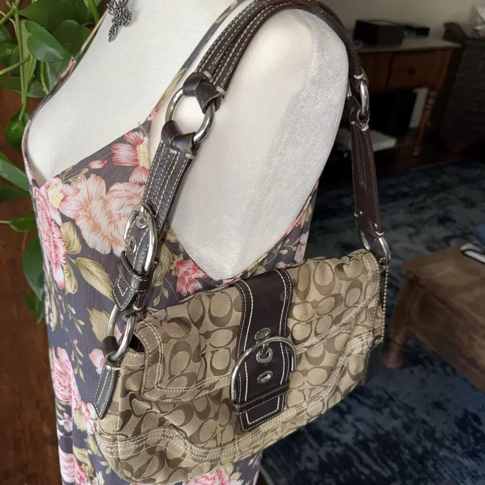 Coach Brown Signature soho Canvas Leather Trim Shoulder Bag Silver Hardware
